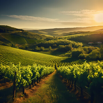 Lush green vineyard in the afternoon sun. 