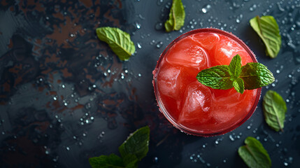 Glass of watermelon juice on wooden table, closeup, Watermelon juice with mint  lychee garnish and mint leaves is placed in a glass cup on a brown table