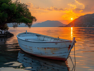 A small boat rests on the shore next to a tree. The sky is orange and pink from the sunrise.