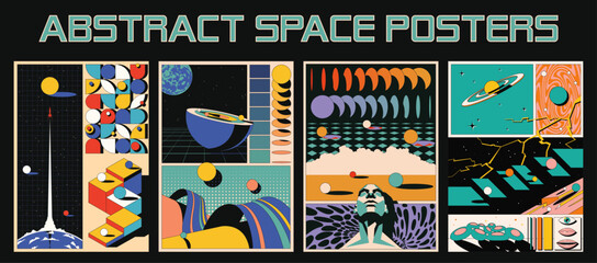 Abstract Space Posters. Abstract Dimensions, Geometric Backgrounds, Planets. Space Rocket, Shapes 