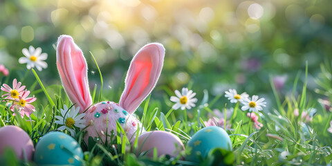 Easter Bunny Rabbit with   Eggs ,Cute Pet Smiling and Laughing, Isolated with Copy Space for Easter Background