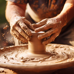 Potters hands shaping clay on a spinning wheel.