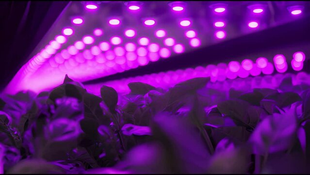 Lush indoor greenery flourishing under the vibrant purple hue of LED grow lights.