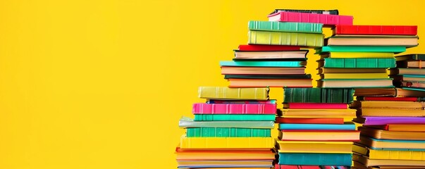 Piles of books isolated on yellow background with copy space, for library, cards, study, class, knowledge and book market use.