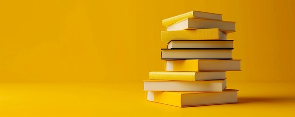 A stack of books on a yellow background. The books are on a plain yellow background with space for...