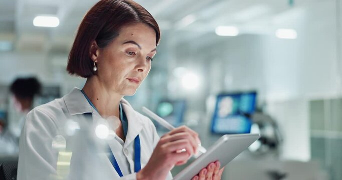 Science, laboratory and mature woman on tablet for medical analysis, research and report. Healthcare, biotechnology and scientist on digital tech and equipment for experiment, lab study and results