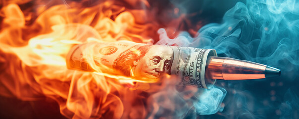 Money war concept, on fire bullet over dollars, risky investments, financial crisis, dollar inflation or weapon trading concept.