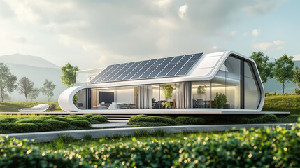 New technology on architecture, Futuristic smart home with solar panels equipped on the roof, new energy, smart home concept.