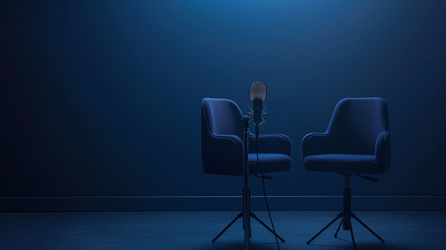 Behind the scenes empty scene of two chairs and microphones stand in interview or podcast room isolated on dark navy background, concept of silence after the hubbub, intense preparation of the program