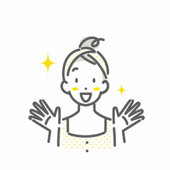 スキンケアの効果に喜ぶ女性　スキンケア　シンプルでお洒落な線画イラスト