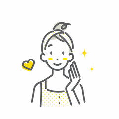 スキンケアの効果を実感して微笑む女性　シンプルでお洒落な線画イラスト