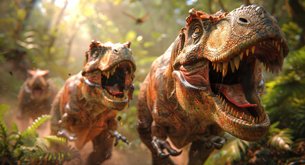 Ferocious Tyrannosaurus rex dinosaurs roaring in a prehistoric jungle setting with lush foliage.