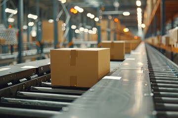 Seamless movement of multiple cardboard box packages along a conveyor belt in a warehouse fulfillment center, snapshot of e-commerce, delivery, automation, and products