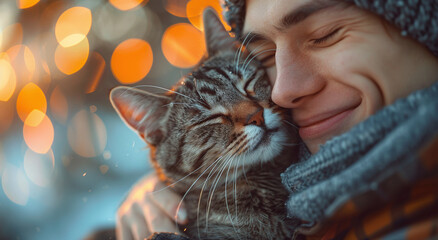 Man cuddling with a tabby cat, warm bokeh lights in the background, conveying a cozy, affectionate moment.