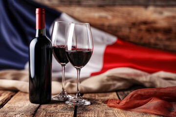 Red wine on the national French flag background. Famous french drink, best red wine. French wine menu, european tourism. Wine of France