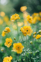 Fototapeta premium Panorama of yellow Geum flowers on a blurred background of a summer garden or park