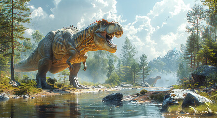 Dinosaurs in a prehistoric forest with a stream, depicting a natural ancient ecosystem.