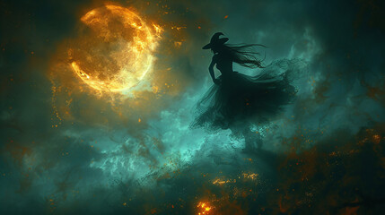 Mystical figure in cloak under a full moon with eerie green night sky, concept for fantasy or Halloween themes.