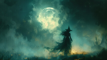 Mystical figure in cloak under a full moon with eerie green night sky, concept for fantasy or Halloween themes.
