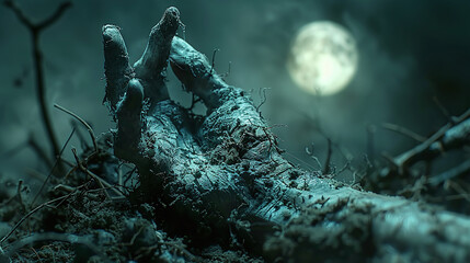 Mysterious zombie hand rising from the ground on a foggy full moon night, horror concept.