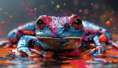 Foto op Canvas Colorful frog with vibrant splashes of paint against a dark background. © Gayan