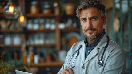 Confident male doctor with stethoscope in a rustic clinic interior, looking at the camera.