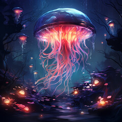 Surreal underwater world with glowing sea creatures