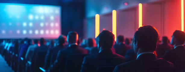 Audience in a conference hall with blurred presentation screen, business event concept.