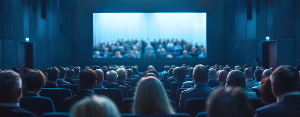 Audience watching a movie in a cinema hall with a focus on the back of heads and a blurred screen.