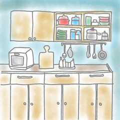 北欧風キッチン木目ブルー