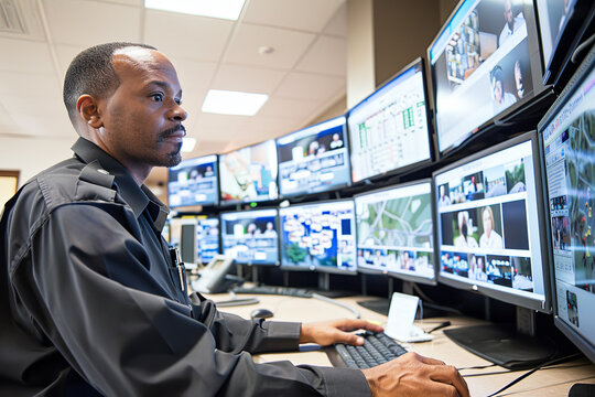 Security officer monitoring multiple security screens