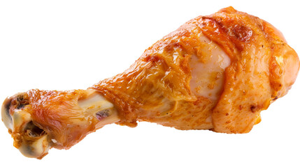  A close-up of a mouthwatering chicken drumstick, its juiciness highlighted against a solid white background
