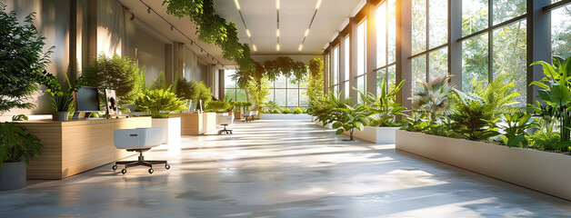 Modern office interior with lush green plants and natural light.