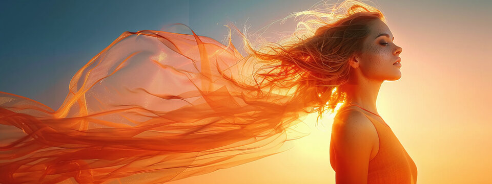 Side profile of a woman with flowing red hair against a sunset sky, embodying freedom and beauty.