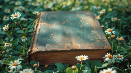 Book with a blank cover seen from above on a lawn with daisies.