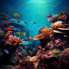 Underwater coral reef teeming with marine life. 