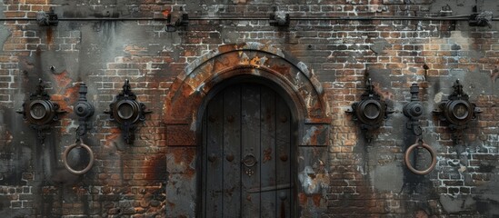This image depicts an old brick building with a large door embellished with intricate iron ornaments and knockers. The weathered facade exudes a sense of history and character.