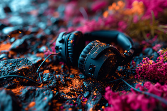 Close up of headphones on the rock. Music concept. Selective focus.