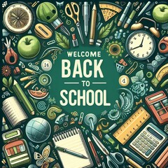 School Supplies Pattern: Vector Banner for Back to School with a Green Chalkboard Background. Ideal for Welcome Back Brochures, Emphasizing the Essence of Learning and Education.

