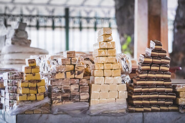 Oriental sweets at the Siab Bazaar in the ancient city of Samarkand in Uzbekistan, nougat with nuts at Siyob bozor