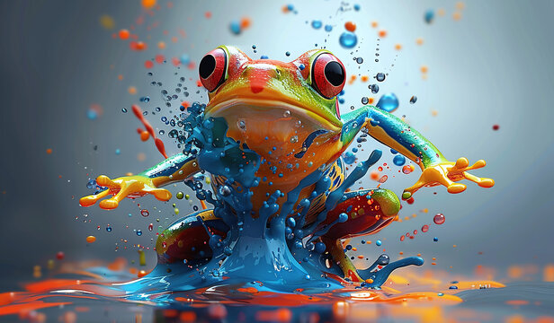 Colorful frog with vibrant paint splashes on a grey background, depicting creativity and energy.