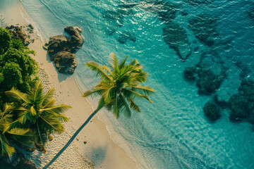 Aerial of Tropical Beach and Palm Trees  - obrazy, fototapety, plakaty