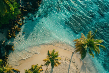 Aerial of Tropical Beach and Palm Trees  - obrazy, fototapety, plakaty