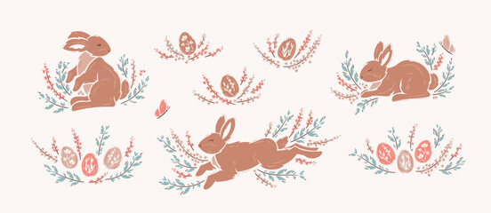 Easter Bunnies, Easter Eggs, Spring Floral Elements Vector Set. Cute Brown Bunny, Leaves and Flowers. 