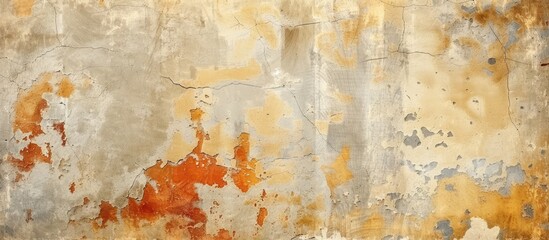 An aged wall covered with rust and peeling white and orange paint, showcasing a blend of textures and abstract forms. The contrast between the rusted metal and faded paint creates a striking visual