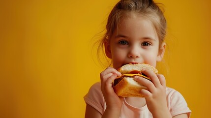A hungry toddler devours a delicious sandwich on yellow background - obrazy, fototapety, plakaty