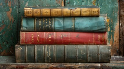 Vintage old books on wooden deck tabletop against grunge wall 