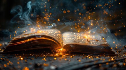 Magic Book With Open Antique Pages And Abstract Bokeh Lights Glowing In Dark Background -...