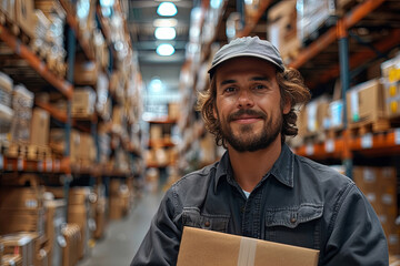 Deliveryman holding cardboard box on Warehouse blurred Background. Courier man working. - Powered by Adobe