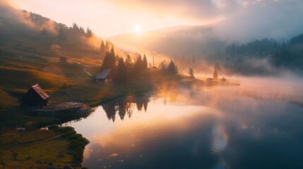 A serene misty morning scene of Lacu Rosu lake in Harghita County, Romania, Europe, as the fog envelops the landscape during a tranquil summer sunrise, highlighting the captivating beauty of nature